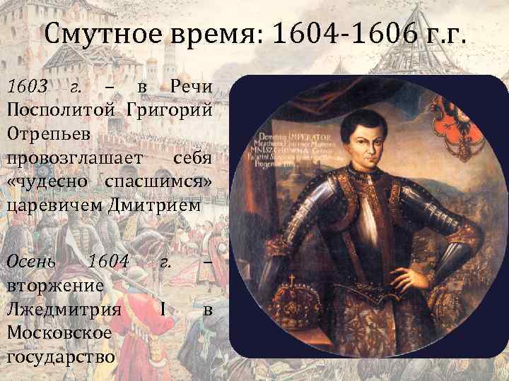 Смутное время конспект. 1604-1606 Лжедмитрий 1. Григорий Отрепьев 1604. Григорий Отрепьев смута. Григорий Отрепьев объявил себя Царевичем Дмитрием.