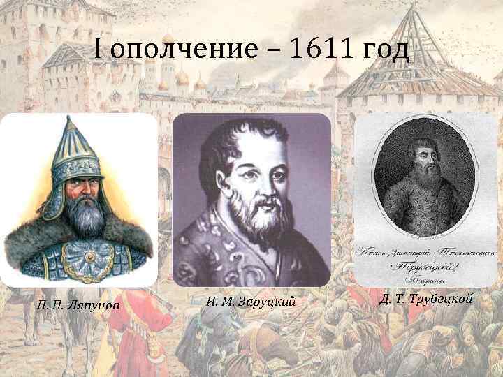 I ополчение – 1611 год П. П. Ляпунов И. М. Заруцкий Д. Т. Трубецкой