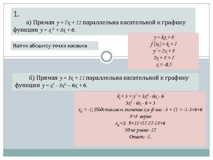 1. а) Прямая y = 7 x + 11 параллельна касательной к графику функции
