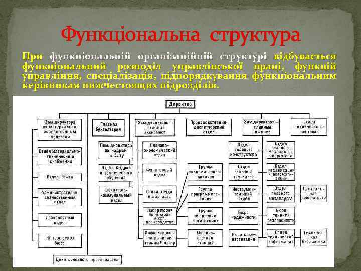 Функціональна структура При функціональній організаційній структурі відбувається функціональний розподіл управлінської праці, функцій управління, спеціалізація,