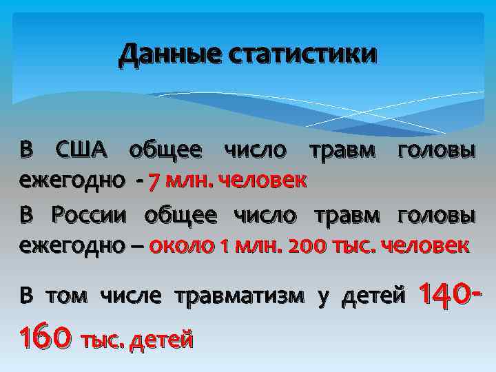 Данные статистики В США общее число травм головы ежегодно - 7 млн. человек В