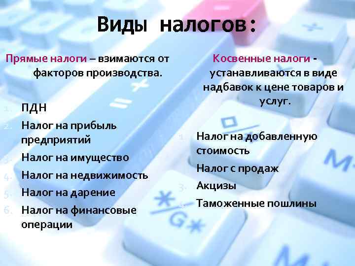 Виды налогов: Прямые налоги – взимаются от факторов производства. 1. ПДН 2. Налог на