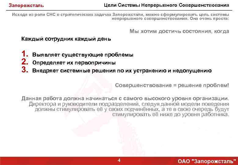 Запорожсталь Цели Системы Непрерывного Совершенствования Исходя из роли СНС в стратегических задачах Запорожстали, можно