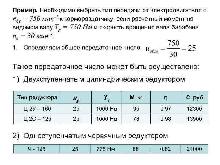 Пример. Необходимо выбрать тип передачи от электродвигателя с nдв = 750 мин-1 к кормораздатчику,