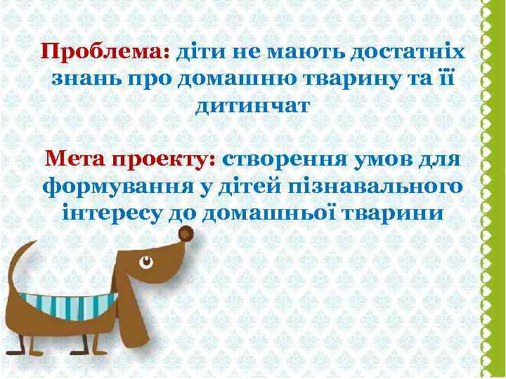 Проблема: діти не мають достатніх знань про домашню тварину та її дитинчат Мета проекту: