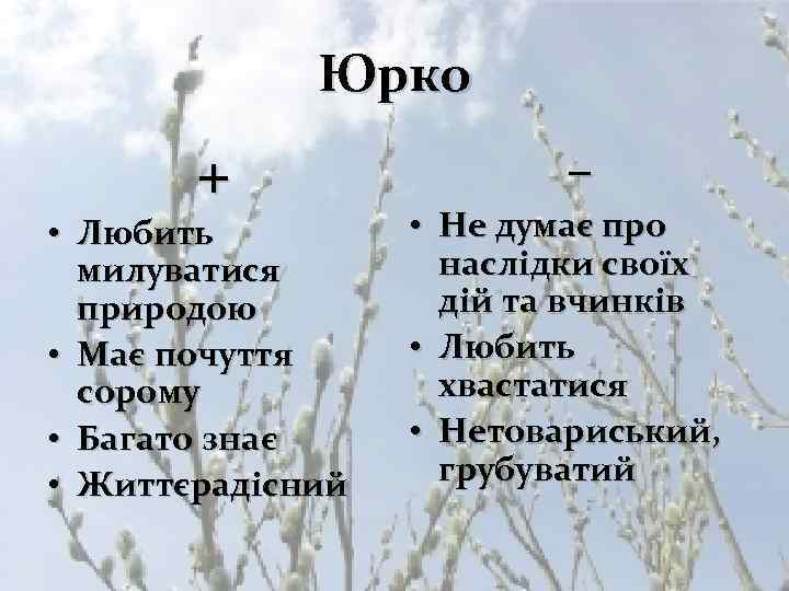Юрко + • Любить милуватися природою • Має почуття сорому • Багато знає •