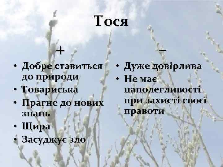 Тося + – • Добре ставиться до природи • Товариська • Прагне до нових