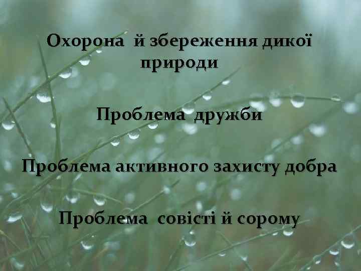 Охорона й збереження дикої природи Проблема дружби Проблема активного захисту добра Проблема совісті й