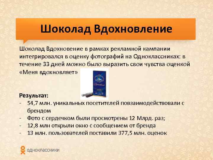 Шоколад Вдохновление Шоколад Вдохновение в рамках рекламной кампании интегрировался в оценку фотографий на Одноклассниках: