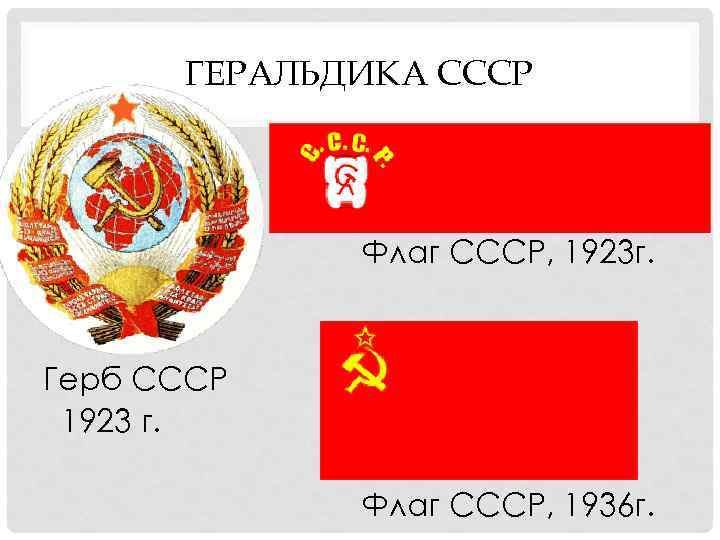 ГЕРАЛЬДИКА СССР Флаг СССР, 1923 г. Герб СССР 1923 г. Флаг СССР, 1936 г.