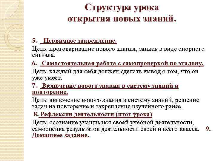 Структура урока открытия новых знаний. 5. Первичное закрепление. Цель: проговаривание нового знания, запись в