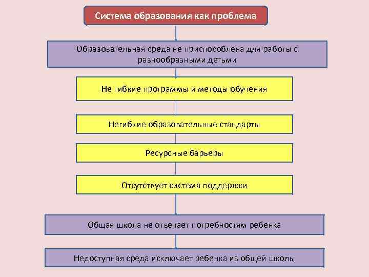 Система образования как проблема Образовательная среда не приспособлена для работы с разнообразными детьми Не