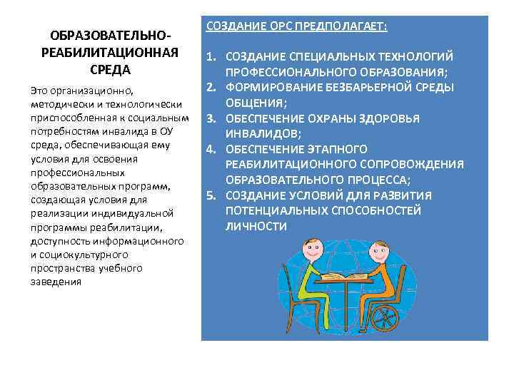 ОБРАЗОВАТЕЛЬНОРЕАБИЛИТАЦИОННАЯ СРЕДА Это организационно, методически и технологически приспособленная к социальным потребностям инвалида в ОУ