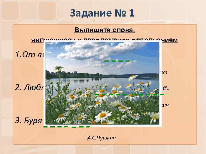 Задание № 1 Выпишите слова, являющиеся в предложении дополнением 1. От лип душистым медом