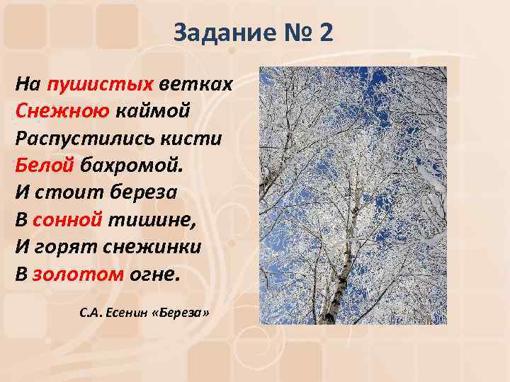 Задание № 2 На пушистых ветках Снежною каймой Распустились кисти Белой бахромой. И стоит