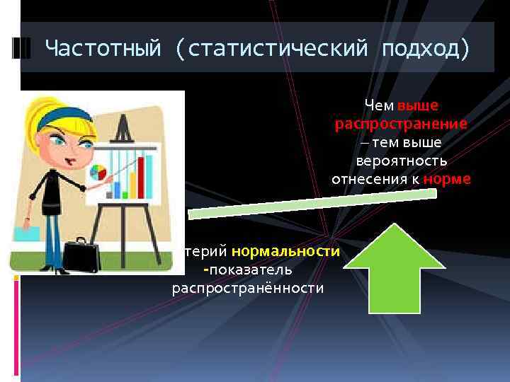 Частотный (статистический подход) Чем выше распространение – тем выше вероятность отнесения к норме Критерий