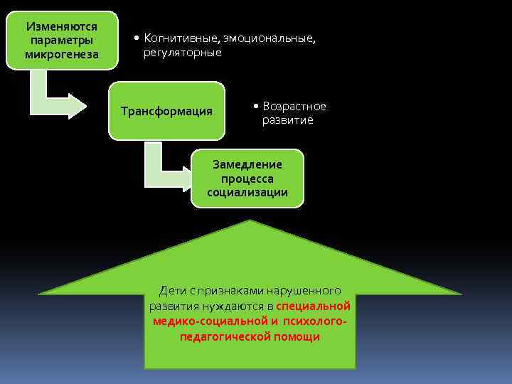 Изменяются параметры микрогенеза • Когнитивные, эмоциональные, регуляторные Трансформация • Возрастное развитие Замедление процесса социализации