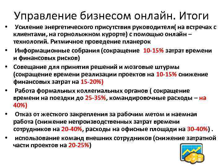 Управление бизнесом онлайн. Итоги • Усиление энергетического присутствия руководителя( на встречах с клиентами, на