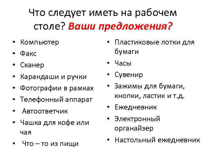 Что следует иметь на рабочем столе? Ваши предложения? Компьютер Факс Сканер Карандаши и ручки