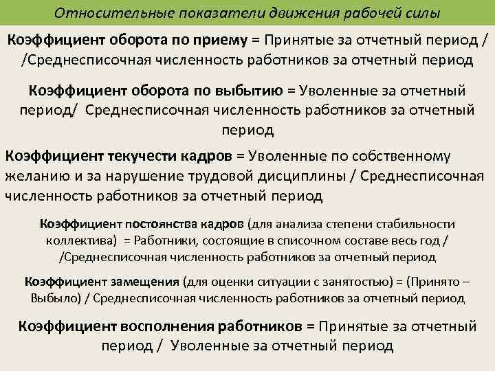 Относительные показатели движения рабочей силы Коэффициент оборота по приему = Принятые за отчетный период