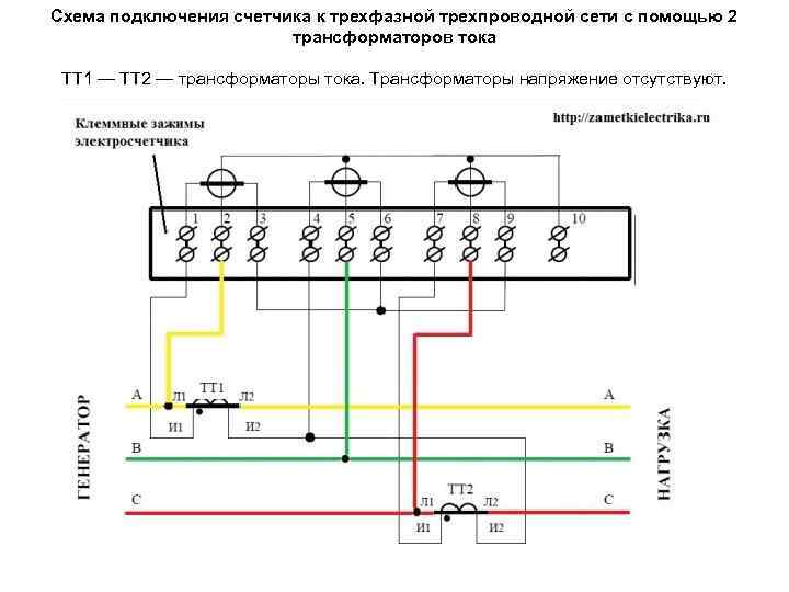 Схема подключения счетчика к трехфазной трехпроводной сети с помощью 2 трансформаторов тока ТТ 1