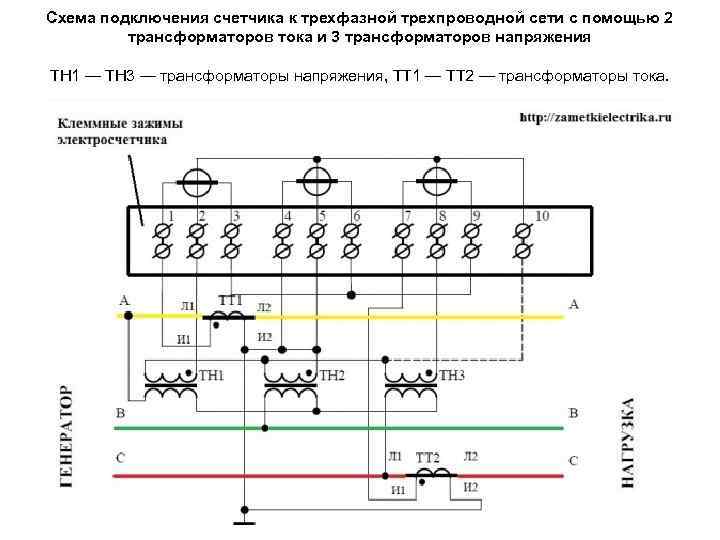 Схема подключения счетчика к трехфазной трехпроводной сети с помощью 2 трансформаторов тока и 3