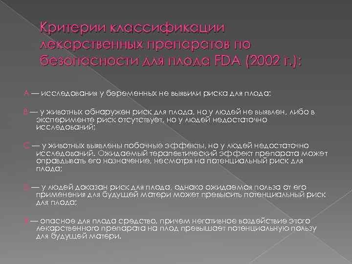 Критерии классификации лекарственных препаратов по безопасности для плода FDA (2002 г. ): А —