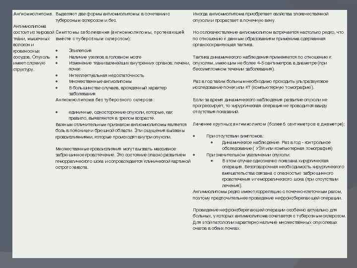 Ангиомиолипома. Выделяют две формы ангиомиолипомы: в сочетании с туберозным склерозом и без. Ангимиолипома состоит