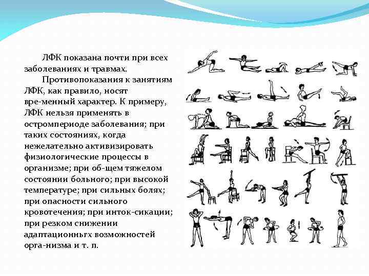 ЛФК показана почти при всех заболеваниях и травмах. Противопоказания к занятиям ЛФК, как правило,