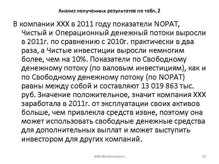 Анализ полученных результатов по табл. 2 В компании ХХХ в 2011 году показатели NOPAT,