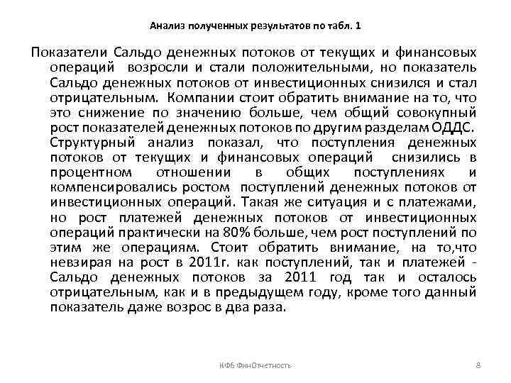 Анализ полученных результатов по табл. 1 Показатели Сальдо денежных потоков от текущих и финансовых