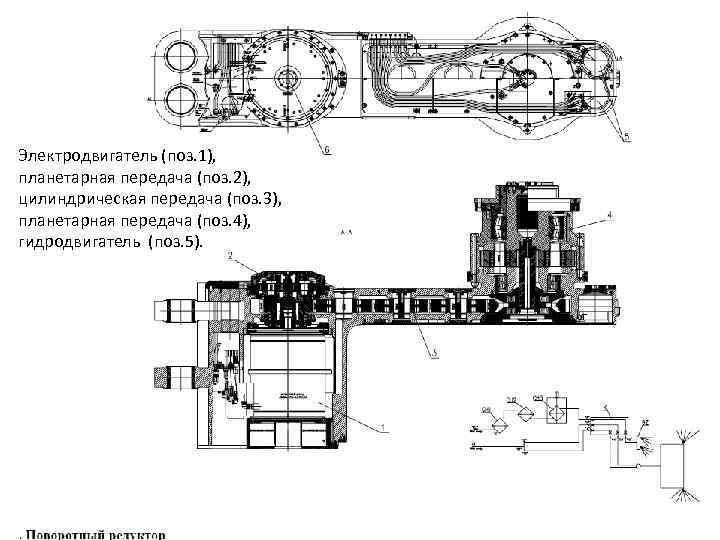 Электродвигатель (поз. 1), планетарная передача (поз. 2), цилиндрическая передача (поз. 3), планетарная передача (поз.