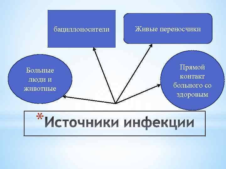 бациллоносители Больные люди и животные * Живые переносчики Прямой контакт больного со здоровым 