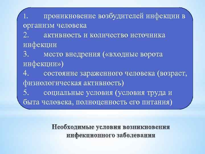 проникновение возбудителей инфекции в организм человека 2. активность и количество источника инфекции 3. место