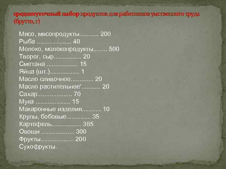 среднесуточный набор продуктов для работников умственного труда (брутто, г) Мясо, мясопродукты. . . 200