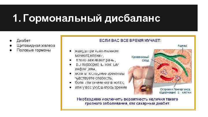 1. Гормональный дисбаланс ● ● ● Диабет Щитовидная железа Половые гормоны 