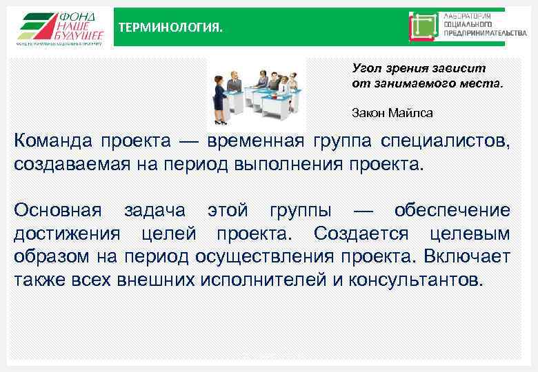 ТЕРМИНОЛОГИЯ. Угол зрения зависит от занимаемого места. Закон Майлса Команда проекта — временная группа