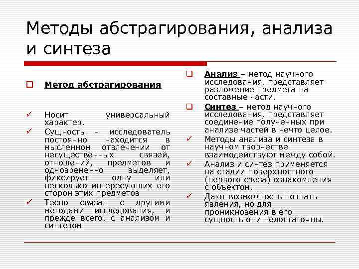 Методы абстрагирования, анализа и синтеза q o ü ü ü Метод абстрагирования Носит универсальный