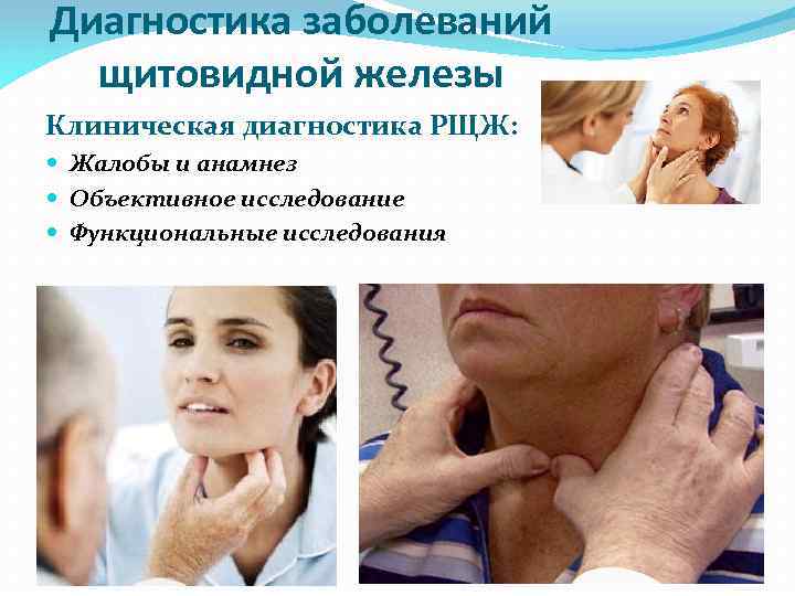 Диагностика заболеваний щитовидной железы Клиническая диагностика РЩЖ: Жалобы и анамнез Объективное исследование Функциональные исследования