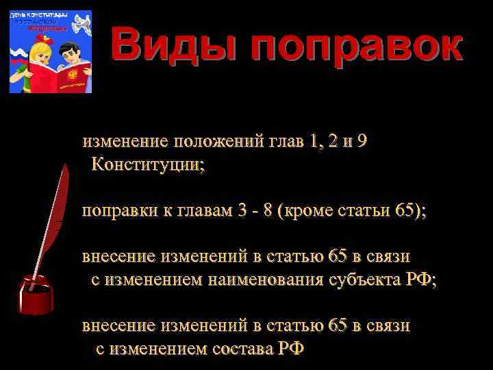 Виды поправок изменение положений глав 1, 2 и 9 Конституции; поправки к главам 3