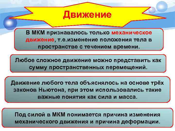 Движение В МКМ признавалось только механическое движение, т. е. изменение положения тела в пространстве