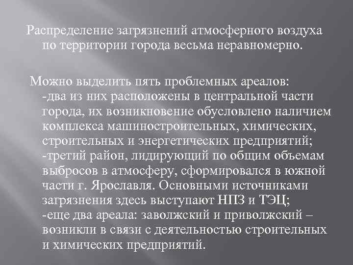 Распределение загрязнений атмосферного воздуха по территории города весьма неравномерно. Можно выделить пять проблемных ареалов: