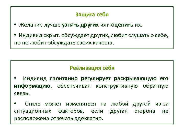 Защита себя • Желание лучше узнать других или оценить их. • Индивид скрыт, обсуждает