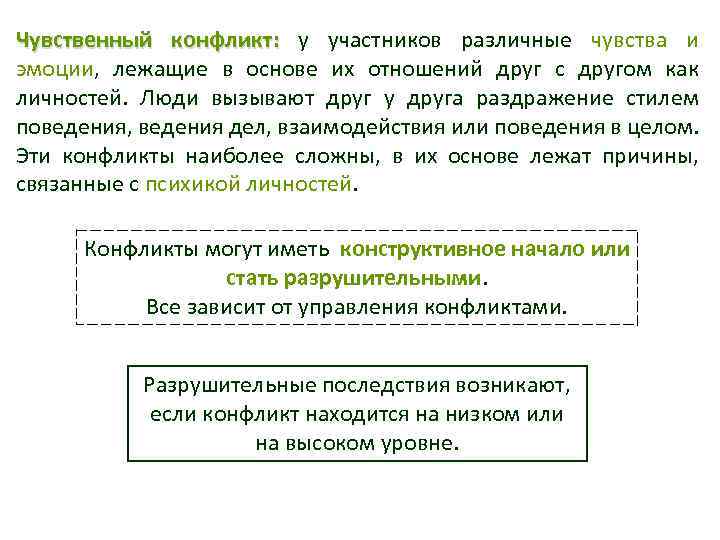 Чувственный конфликт: у участников различные чувства и эмоции, лежащие в основе их отношений друг