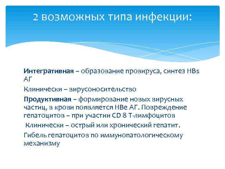 2 возможных типа инфекции: Интегративная – образование провируса, синтез НВs АГ Клинически – вирусоносительство
