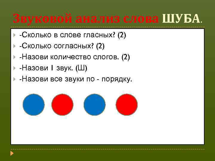Звуковой анализ слова ШУБА. -Сколько в слове гласных? (2) -Сколько согласных? (2) -Назови количество