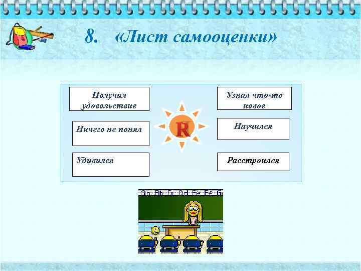 8. «Лист самооценки» Получил удовольствие Узнал что-то новое Я Ничего не понял Удивился Научился