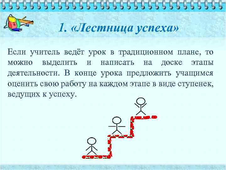 1. «Лестница успеха» Если учитель ведёт урок в традиционном плане, то можно выделить и