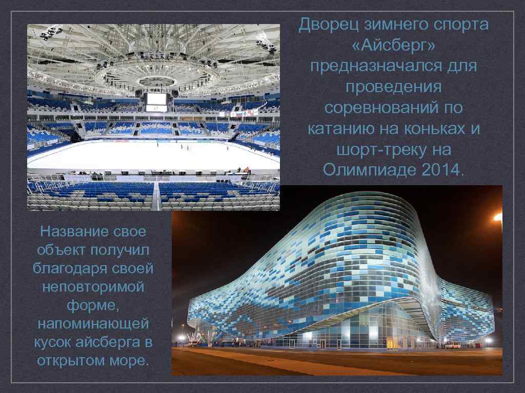 Дворец зимнего спорта «Айсберг» предназначался для проведения соревнований по катанию на коньках и шорт-треку