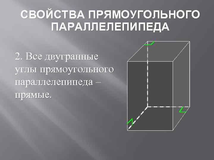 СВОЙСТВА ПРЯМОУГОЛЬНОГО ПАРАЛЛЕЛЕПИПЕДА 2. Все двугранные углы прямоугольного параллелепипеда – прямые. 